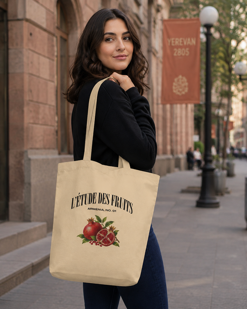 Armenia No. 01 pomegranate organic cotton tote bag in natural, front view