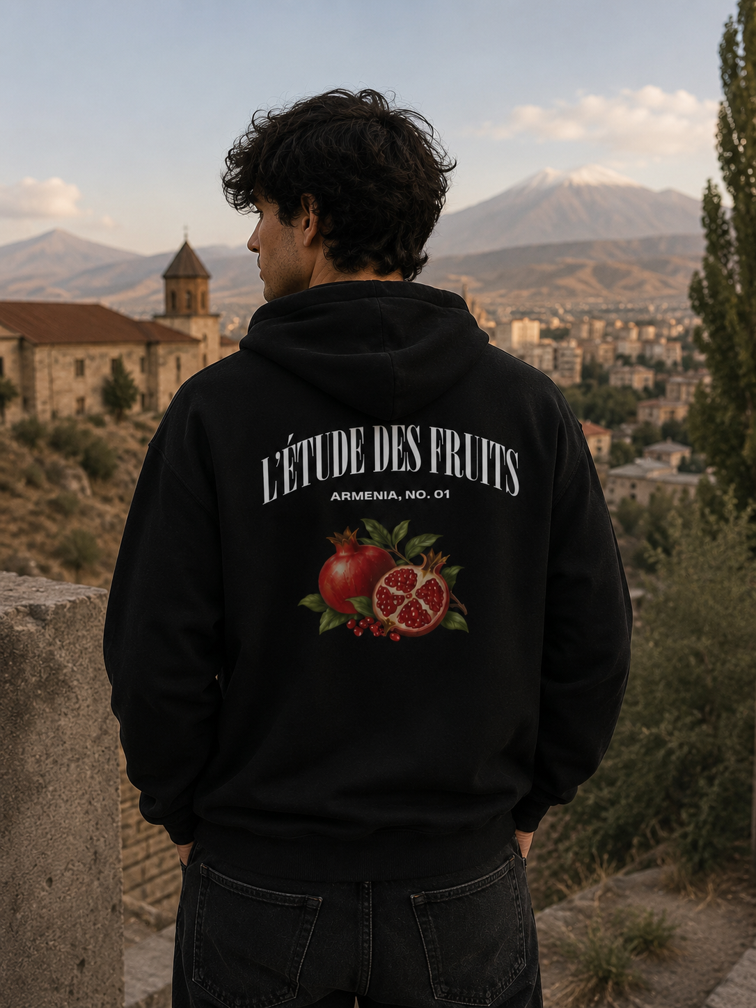 Armenian pomegranate graphic hoodie in black, relaxed oversized streetwear fit