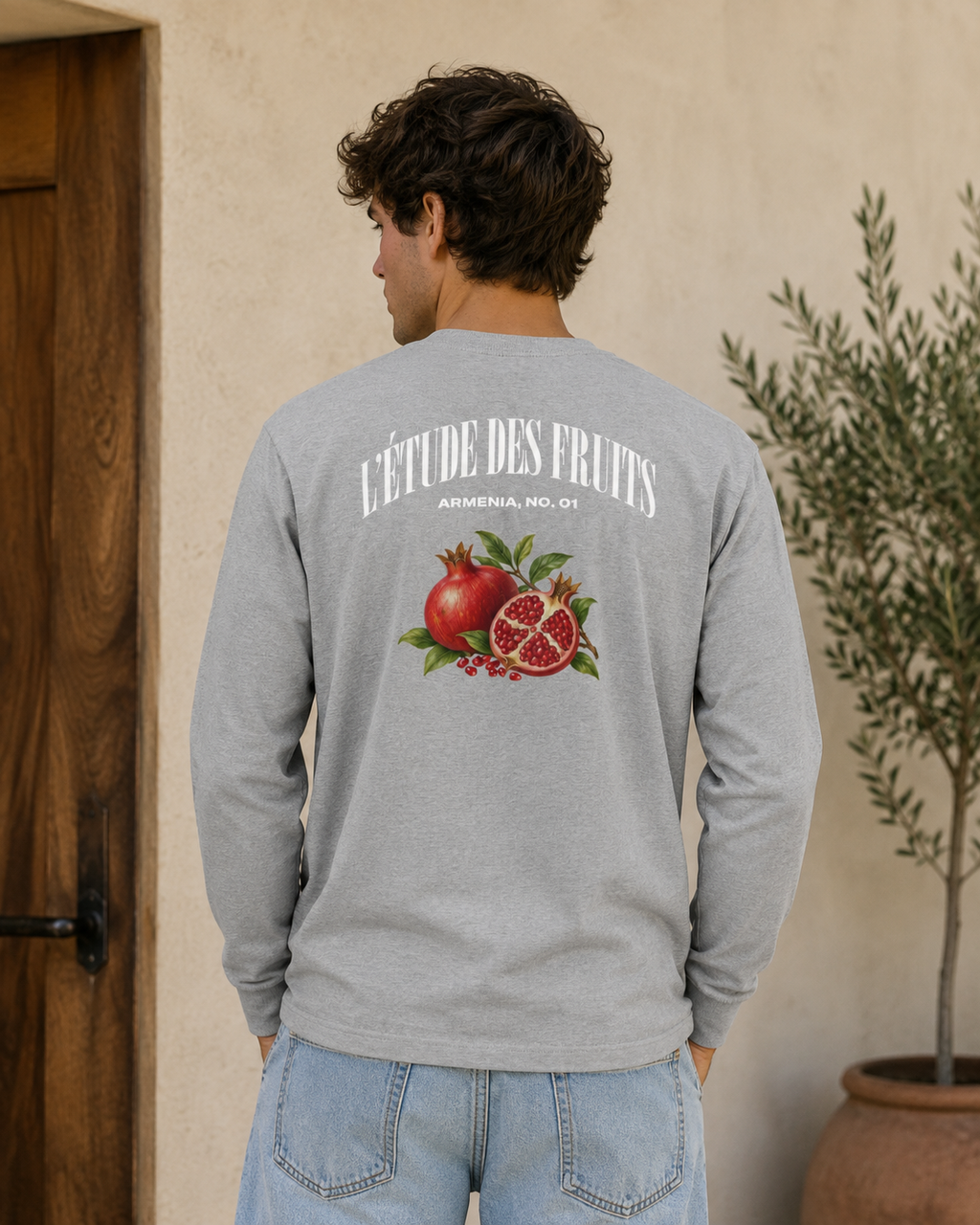 Armenian pomegranate long sleeve tee in heather grey, classic fit