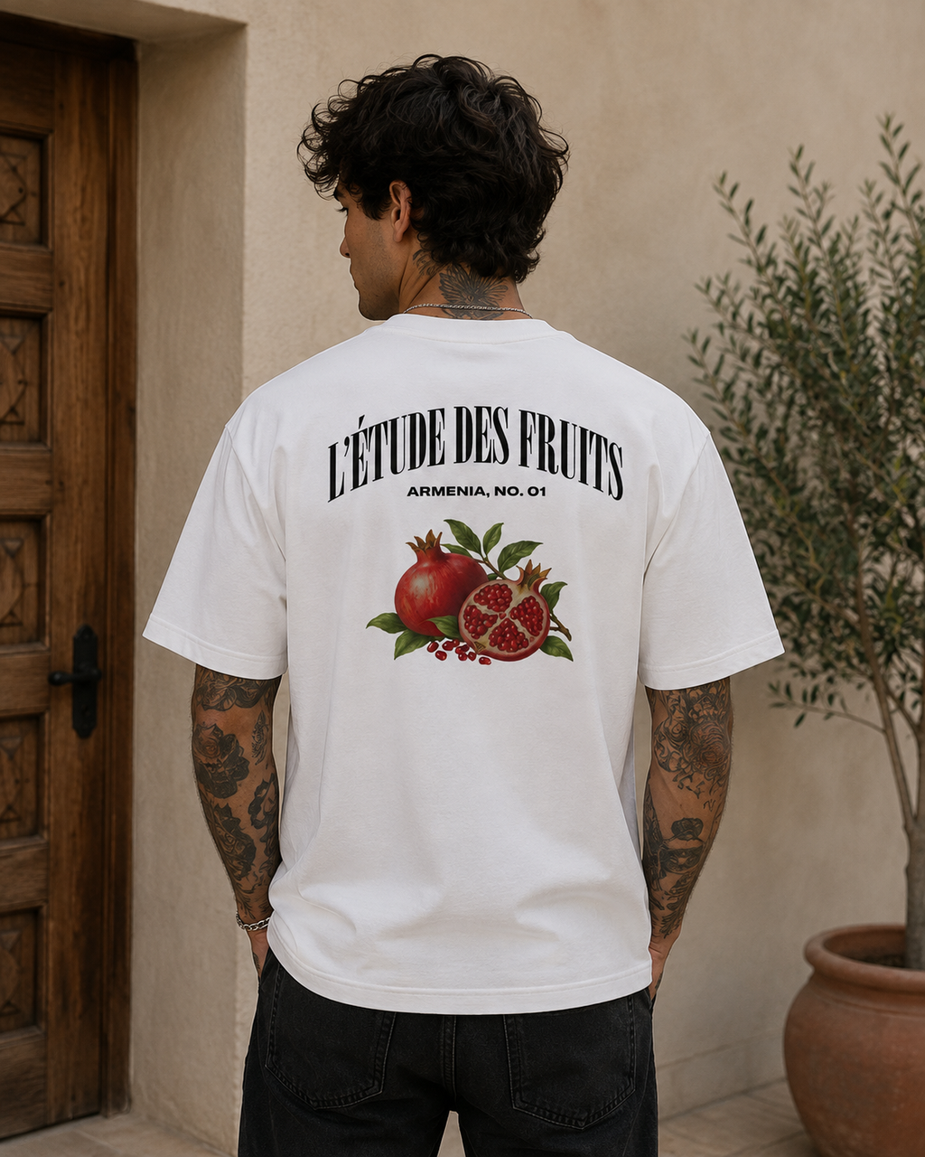 Armenian pomegranate botanical graphic tee in white, oversized boxy streetwear fit