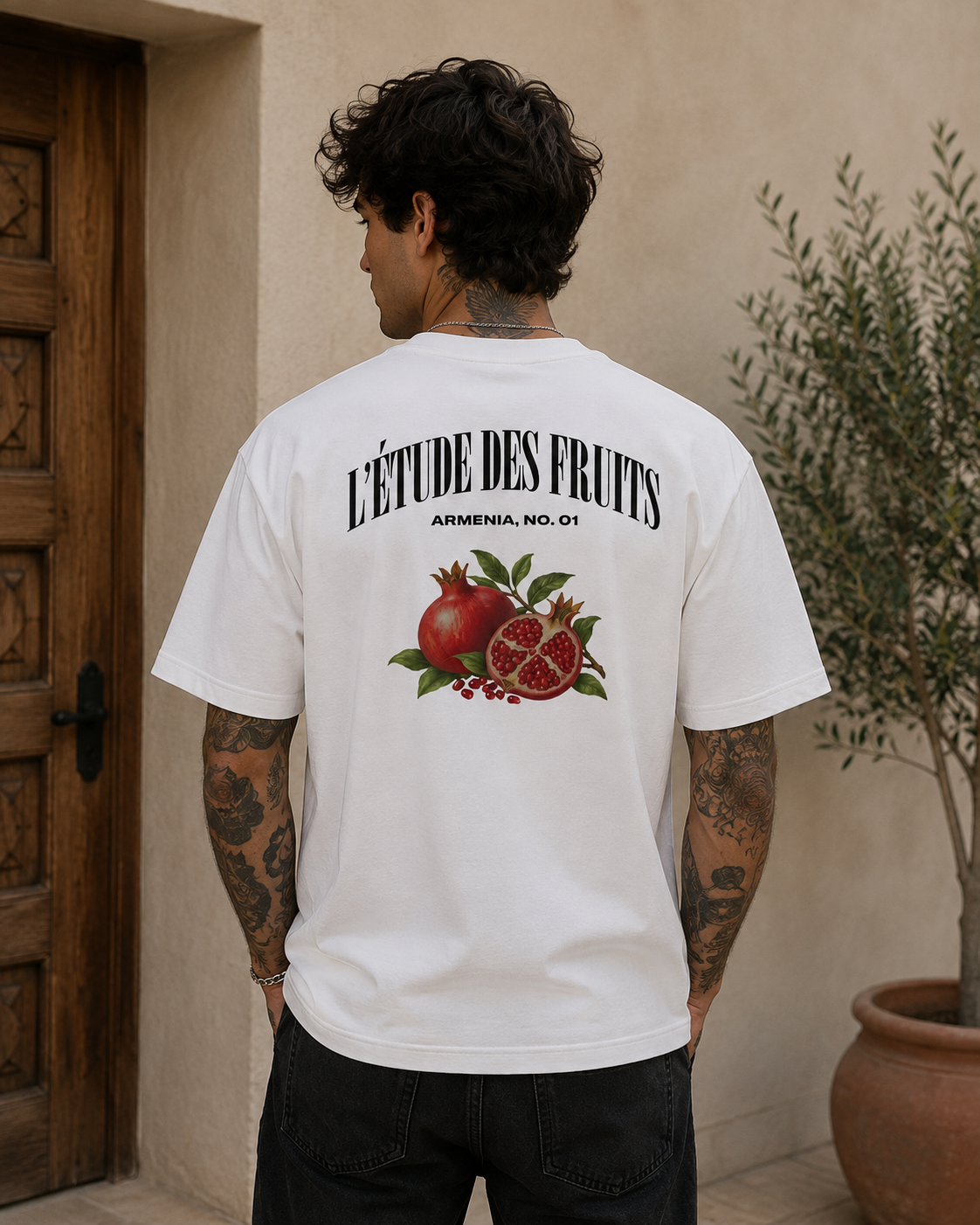 Armenian pomegranate botanical graphic tee in white, oversized boxy streetwear fit