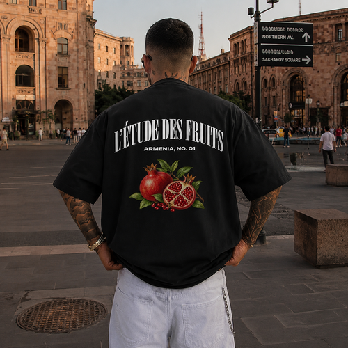 Armenian pomegranate boxy graphic tee in black, oversized drop-shoulder fit