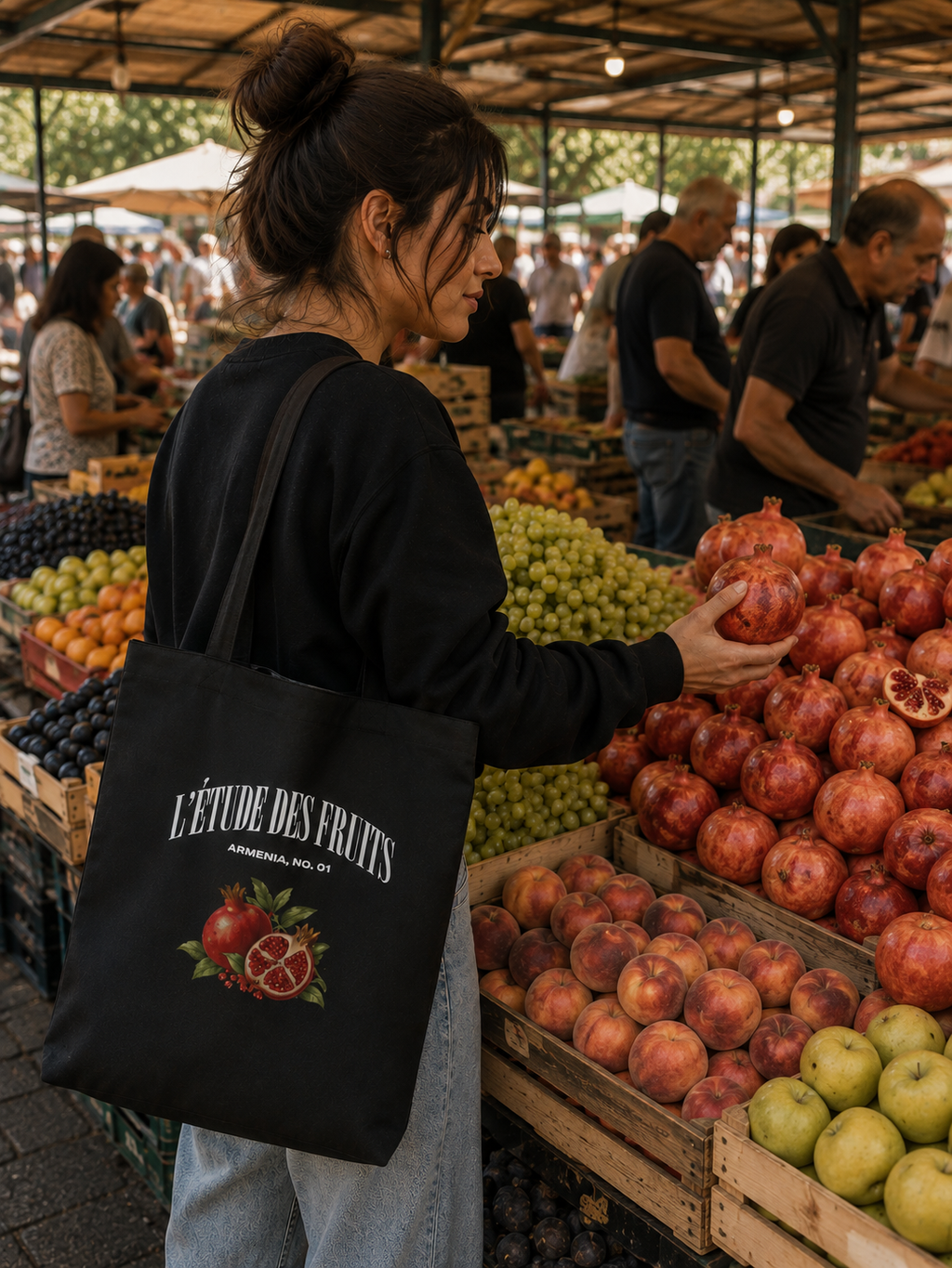 Armenia No. 01 pomegranate organic cotton tote bag in black, front view