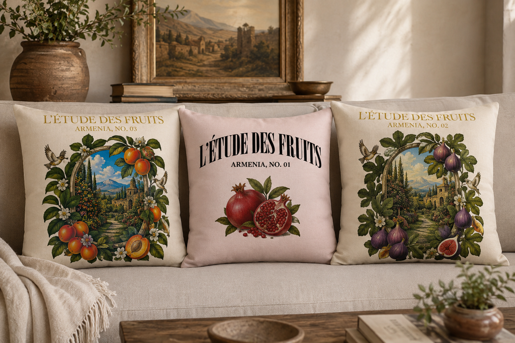 Armenia No. 02 fig pillow styled on sofa, L'Étude des Fruits home collection
