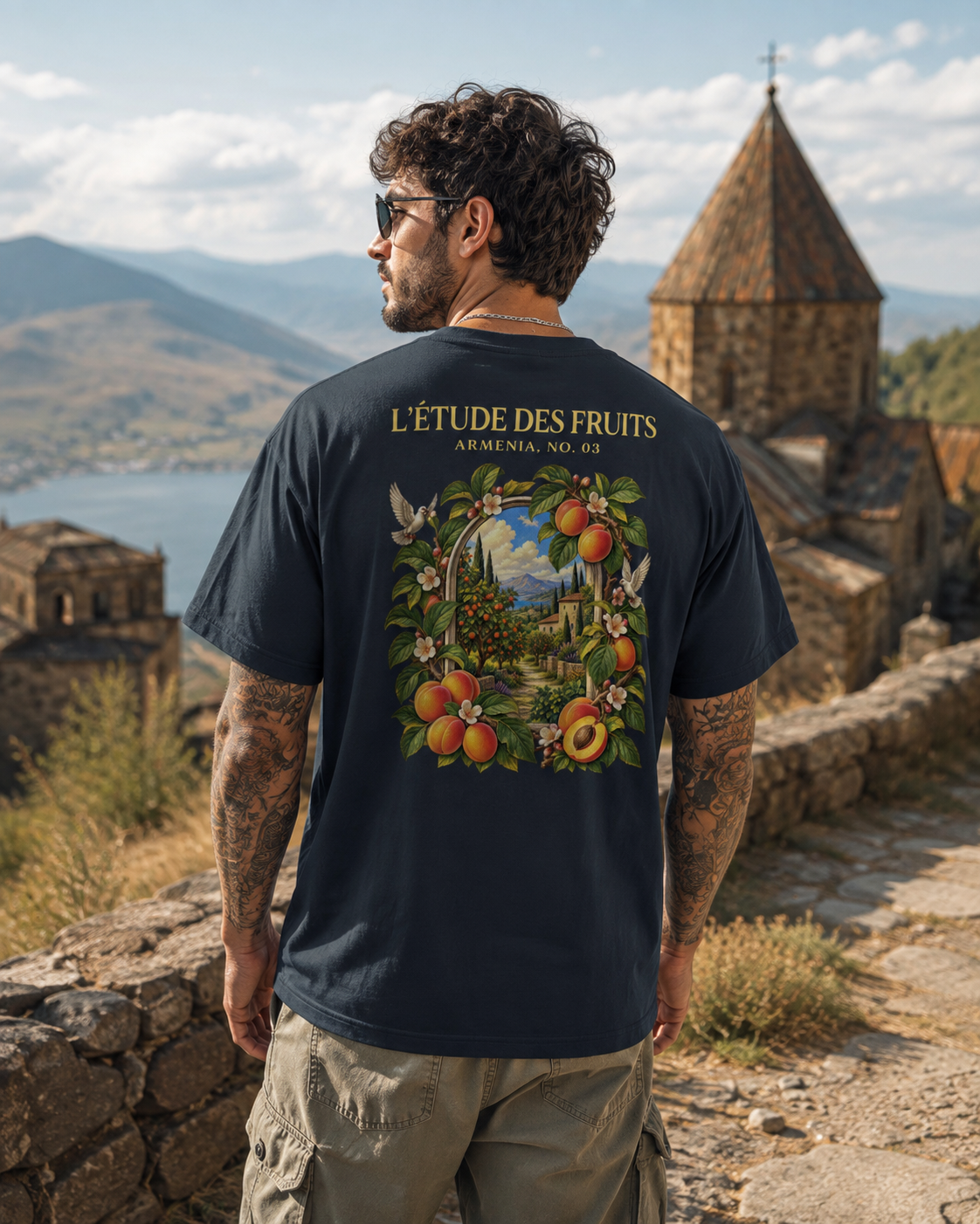  L'Étude des Fruits Armenia No. 03 golden apricot back graphic heavyweight tee in navy