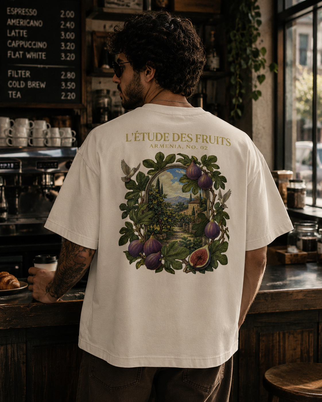 Detail shot of fig garden artwork on L'Étude des Fruits heavyweight tee