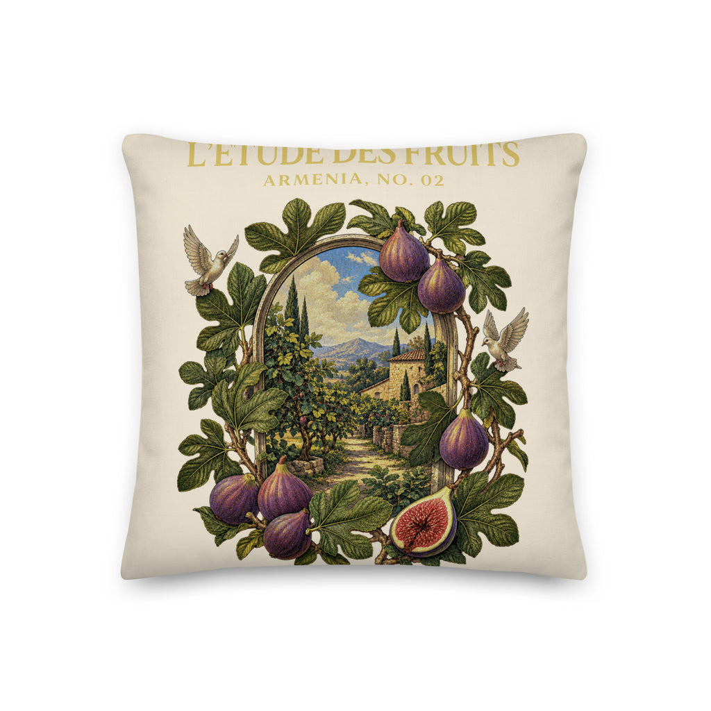 Detail of Mediterranean fig botanical artwork on decorative pillow cover