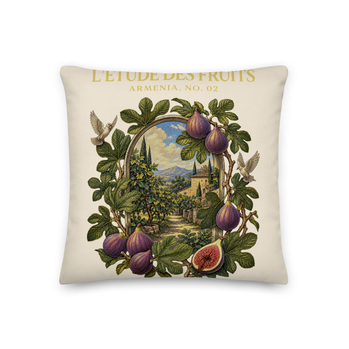 Detail of Mediterranean fig botanical artwork on decorative pillow cover