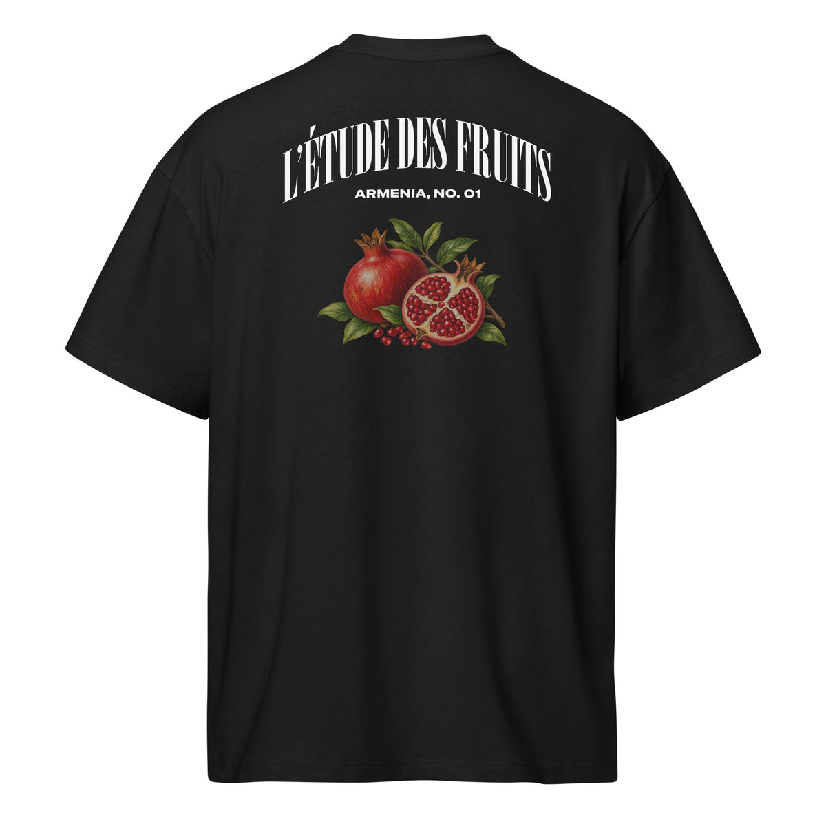  Back graphic of pomegranate botanical illustration on black streetwear tee