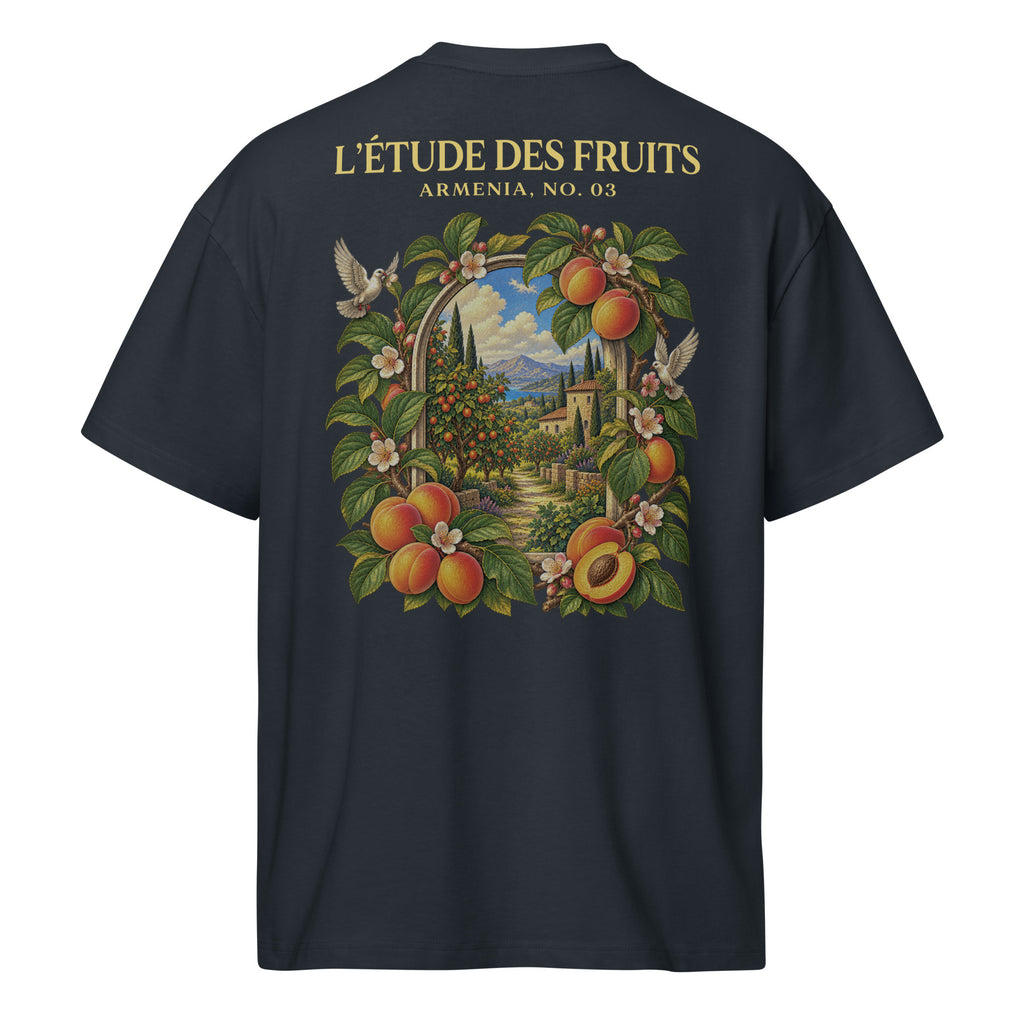 Back detail of Armenian apricot botanical illustration on navy heavyweight tee