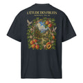 Back detail of Armenian apricot botanical illustration on navy heavyweight tee
