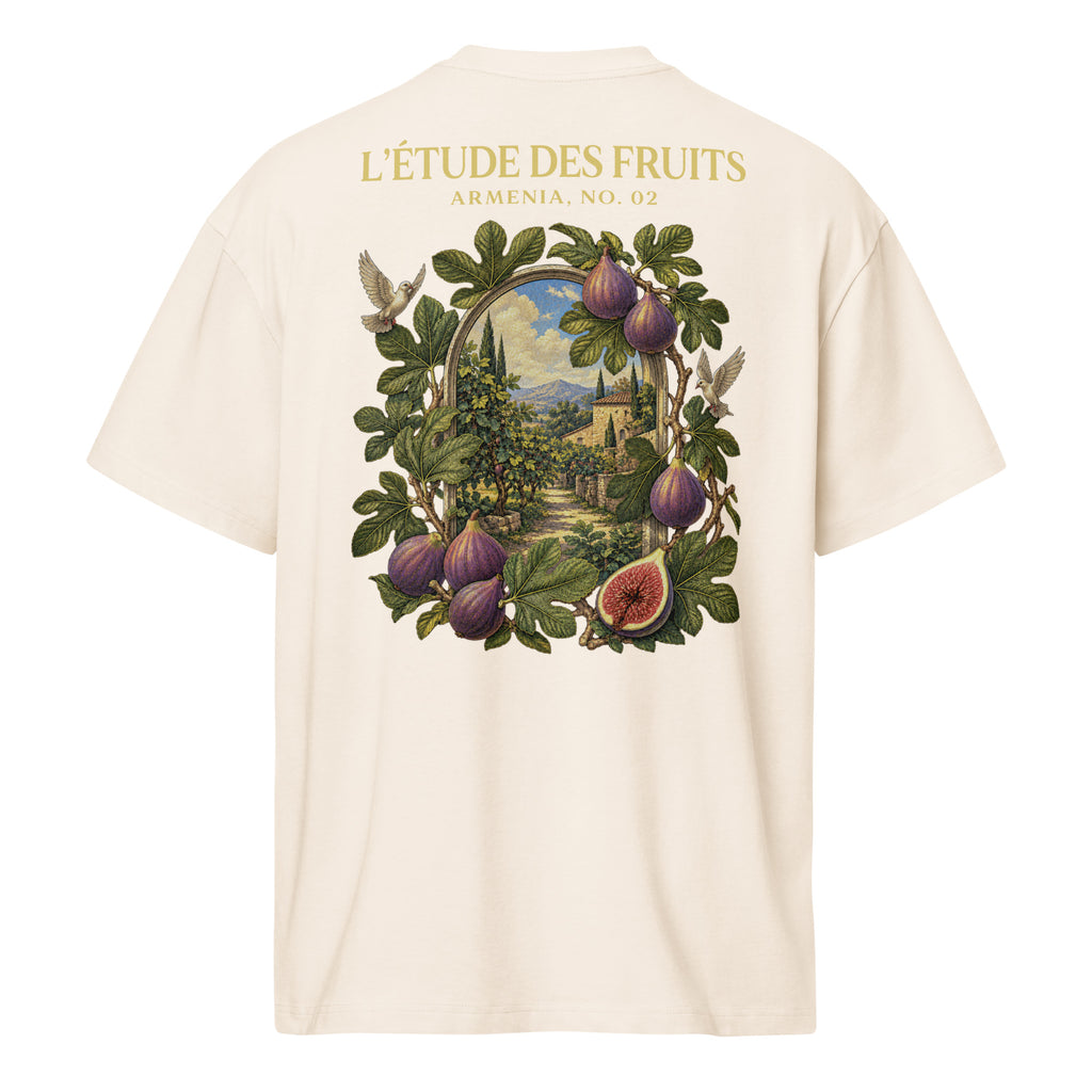 Back detail of Armenian fig grove botanical illustration on heavyweight tee