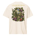 Back detail of Armenian fig grove botanical illustration on heavyweight tee