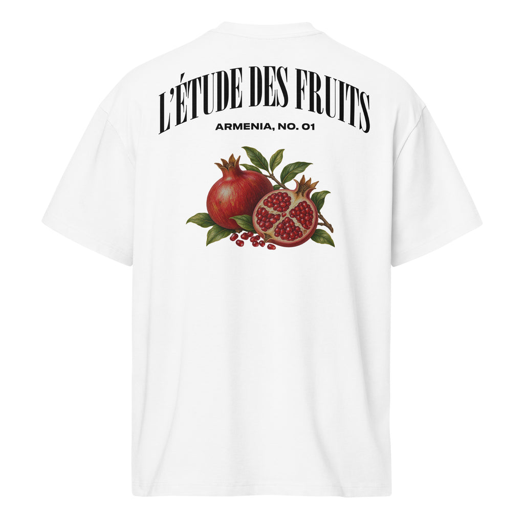Back graphic detail of Armenian pomegranate illustration on white heavyweight tee
