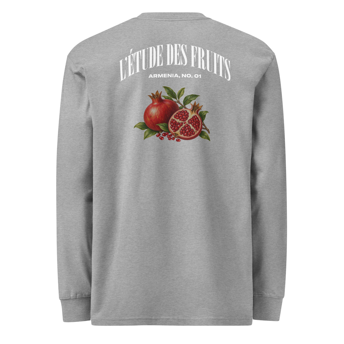  Back graphic of pomegranate botanical illustration on heather grey long sleeve