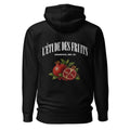 Back graphic detail of pomegranate botanical illustration on black hoodie