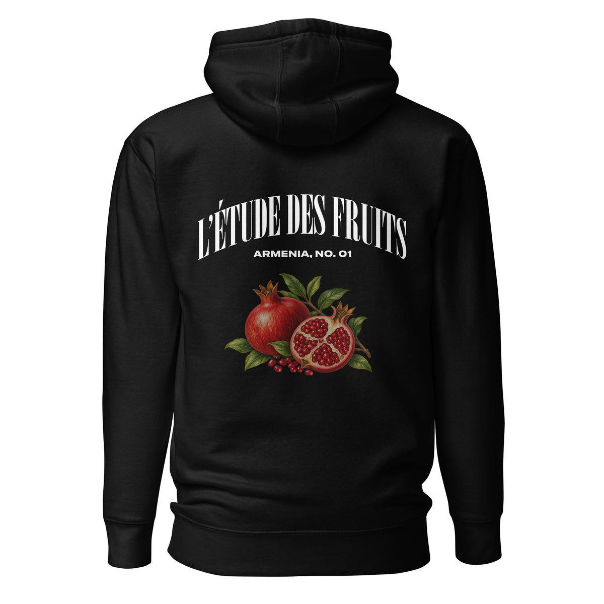 Back graphic detail of pomegranate botanical illustration on black hoodie